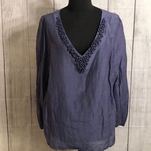 Banana Republic Silk/Cotton Blue Beaded V Neck Top